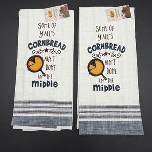 Cracker Barrel Set Of Two Cotton‎ Kitchen Tea Towels Cornbread Ain't Done Quote